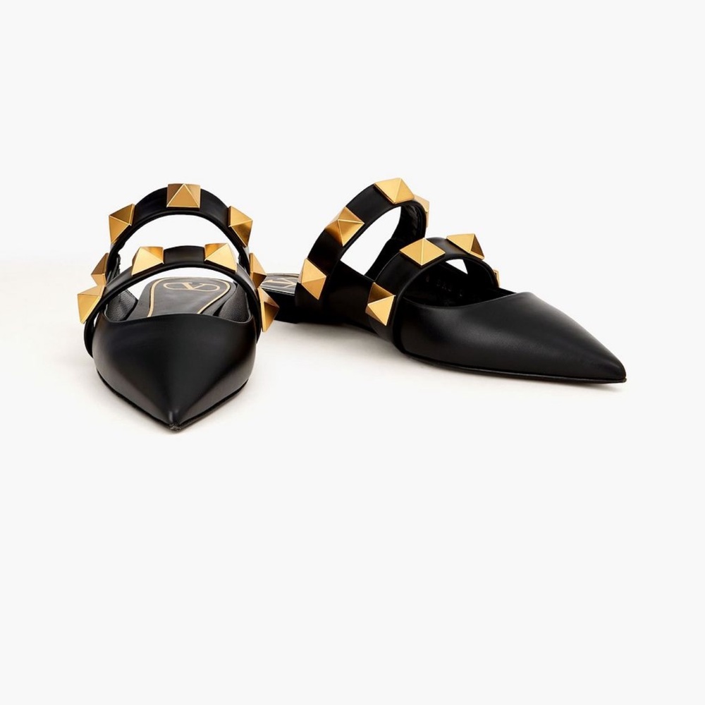 Valentino Garavani Black Leather Pointed Toe Flats with Gold Pyramid Studs